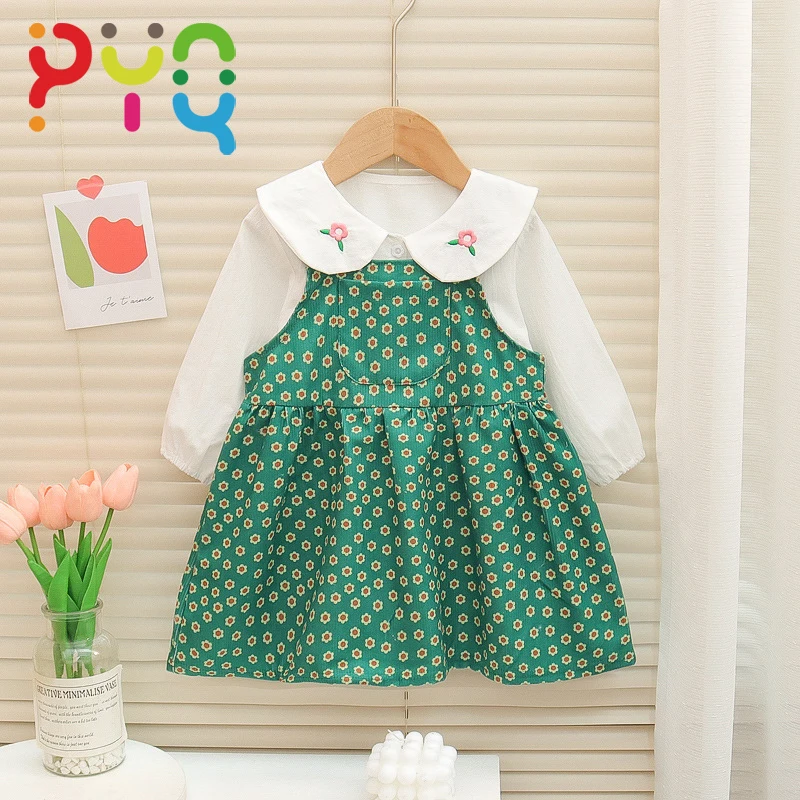 Korean 2023 New Autumn Infant Baby Long Sleeve Suit For Girls Dress Sets Kids Embroid Lapel Shirt+Floral Dress 2pce Outfits 1-4Y