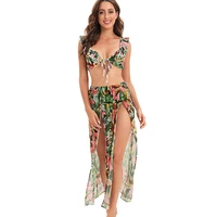 2022 swimsuit tropical printed ruffle lace up three piece bikini skirt sexy bikini micro 3 piece bathing suit bikini set