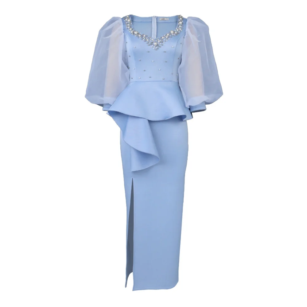 Plus Size Women Dreeses Square Neck Stud Beads Perspective Lantern Sleeve Dress Elegant Banquet Dress One-step Dress Partydress