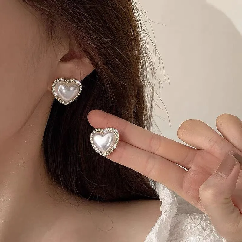 

Korean Style Heart Pearl Earrings Women Zircon Geometric Sweet Ear Rings Fashion Jewelry Party Student Girl Elegant Accessories