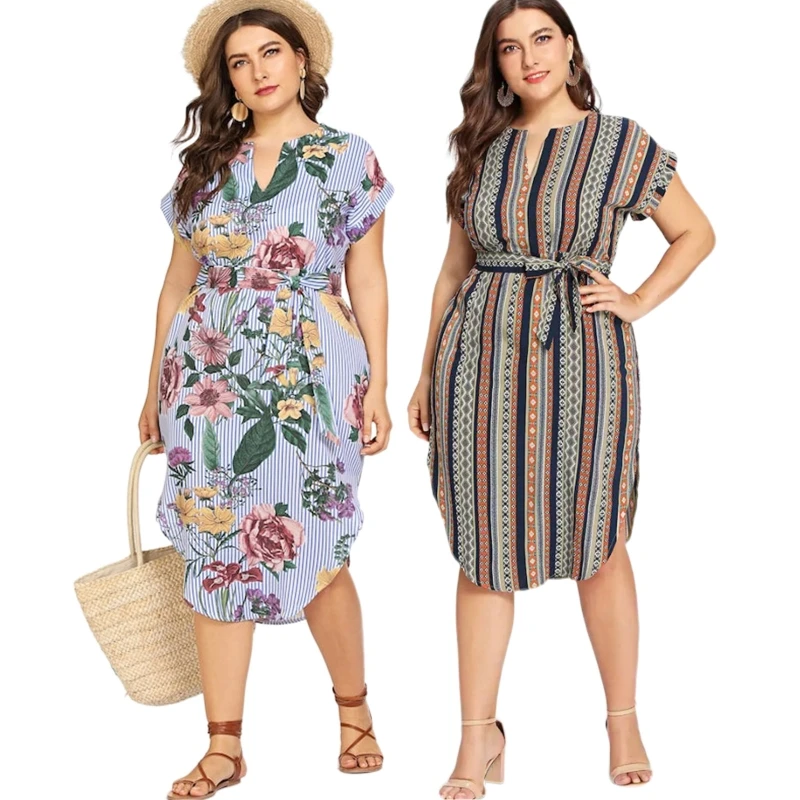 

Women Short Sleeve Cutout V-Neck Midi Long Dress Floral Striped Print Belted Side Split Curved Hem Sundress 10CD