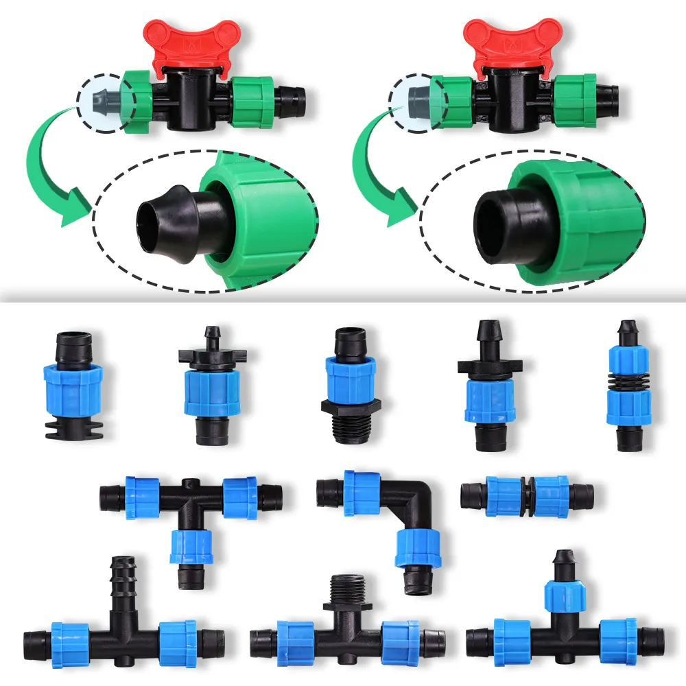 

16MM Drip Tape Thread Lock Connecters for Garden Greenhouse Farm Irrigation Pipe Joint Tee Elbow Equal Valve Coupling Adapters
