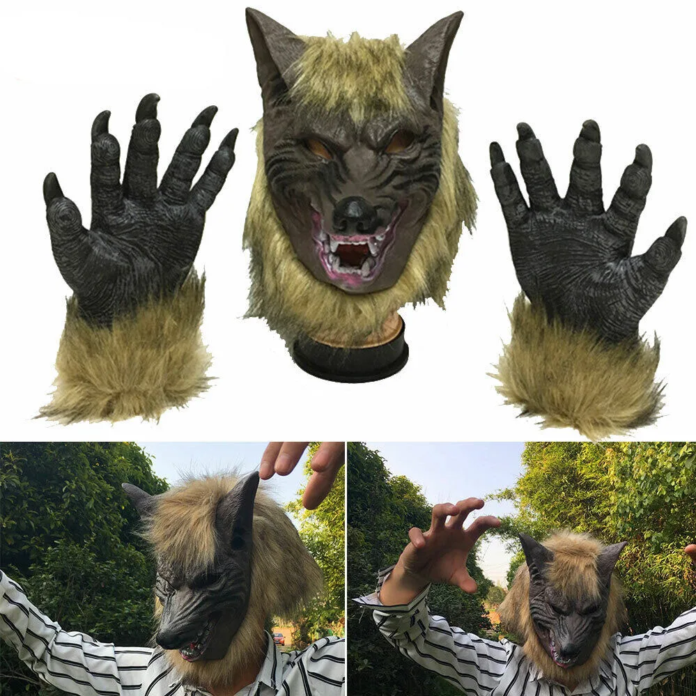 Latex Rubber Wolf Costume Halloween Cosplay Wolf Mask Werewolf Claws Set Gloves Terror Devil Fancy Headdress Prank Prop Headgear