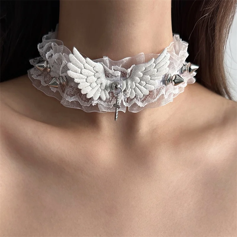 Милое крутое колье Gyaru Sle с кружевными крыльями и шейным ремешком ожерелье