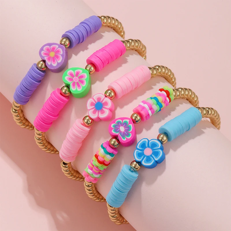 

5Pcs/set Handmade Flower Heart Shape Charm Beads Soft Clay Bracelet for Sister Girls Kids Friendship Party Birthday Jewelry Gift