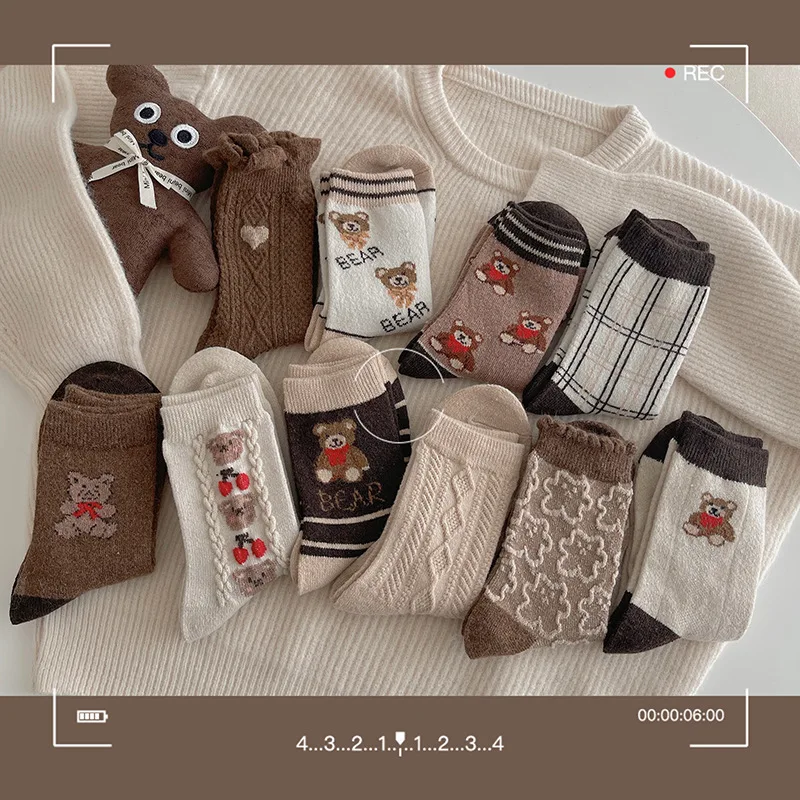 

Носки с рисунком медведя женские, Осень-зима, плотные, с кроличьим мехом, японские