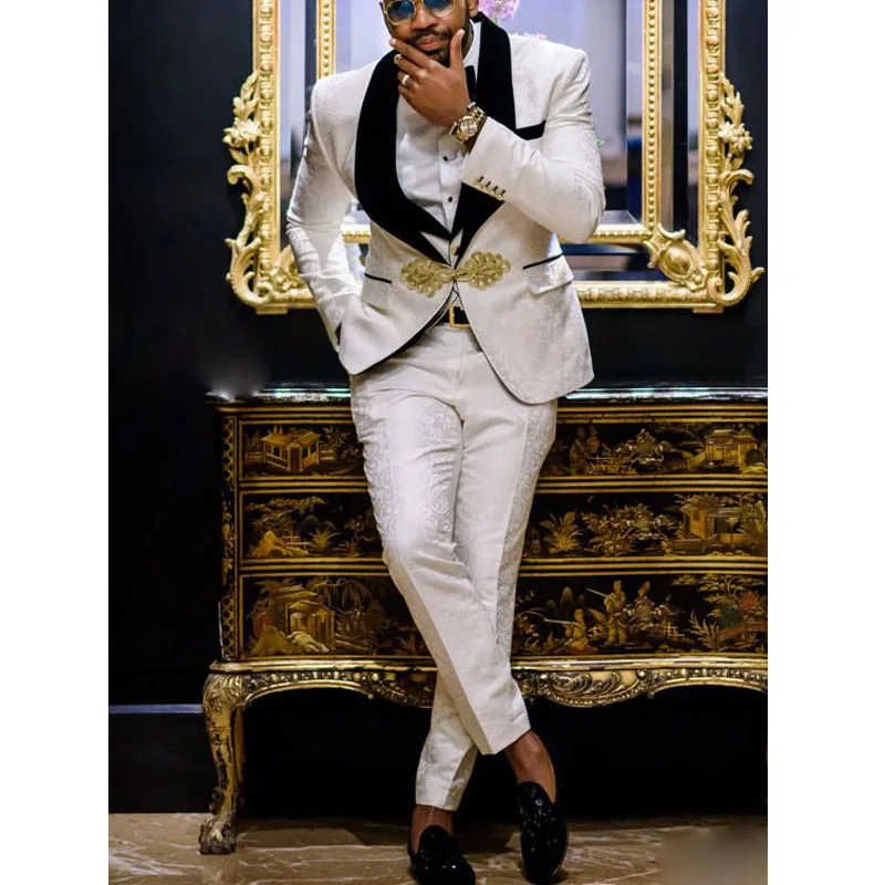 

White Harringbone Floral Print Wedding Groom Tuxedos for Prom Party 3 Piece Jacket Vest Pants Slim Fit Men Suits New Fashion