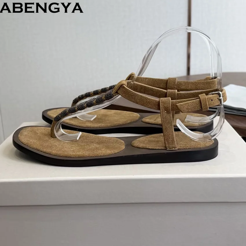Фото Женские замшевые шлепанцы ABENGYA, плоские сандалии с бусинами, пляжная обувь для отпуска, повседневные туфли, сандалии для женщин №3