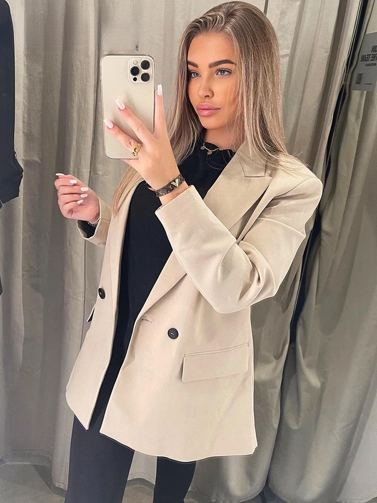 2023 Women Double Breasted Blazer Office Lady Loose Classic Coat Suit Jacket Female Chic Outwear Outfits Veste Femme