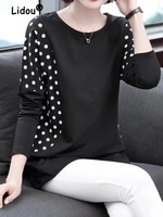 elegance office patchwork polka dot loose womens clothing top new classic long sleeve round neck comfortable lady t shirt 2022