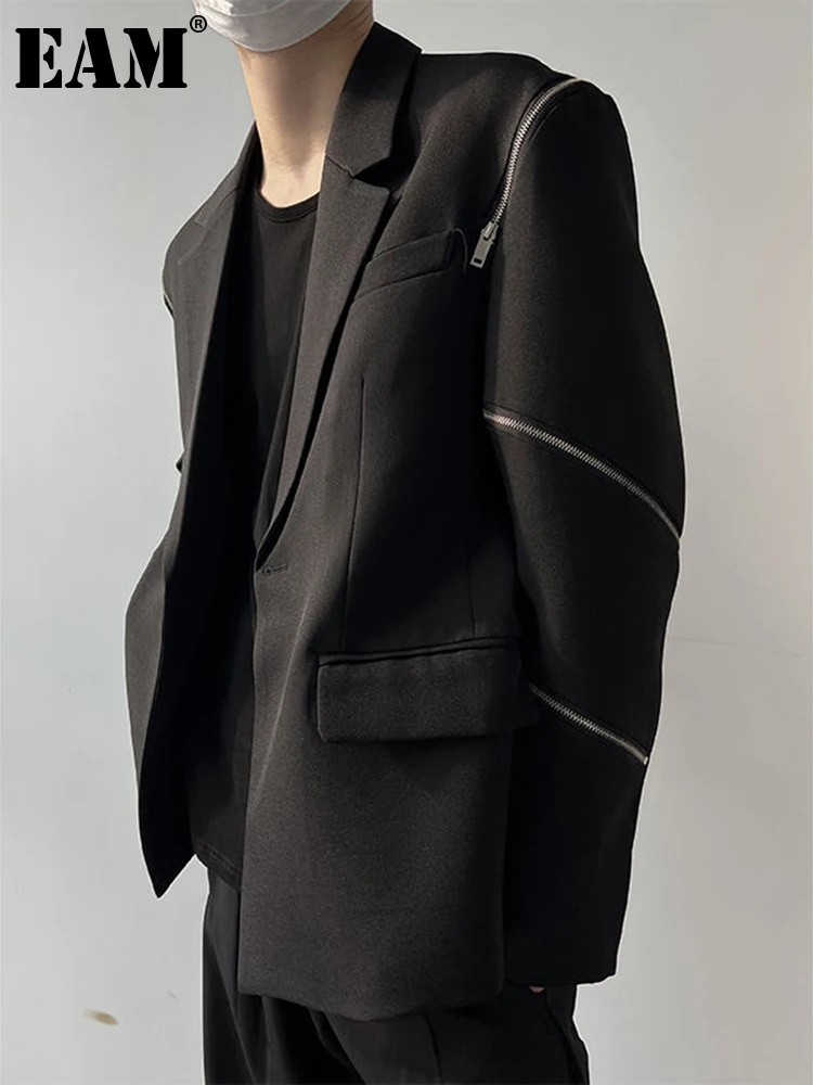 [EAM]  Women Black Zipper Spliced Big Size Blazer New Lapel Long Sleeve Loose Fit Jacket Fashion Tide Spring Autumn 2023 1DF1051