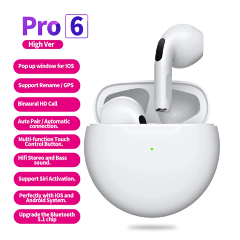 

Pro 6 TWS Wireless Earphone Bluetooth Fone Headphones Mini in Ear Earbuds with Charging Box Sports Headset For Free Shipping