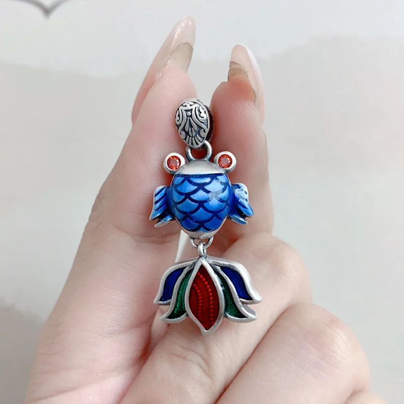 

925 Sterling Silver Enamel Goldfish Pendant for Women Vintage Ethnic Style Blue Handmade Small Pendant Jewelry DIY Material DZ37