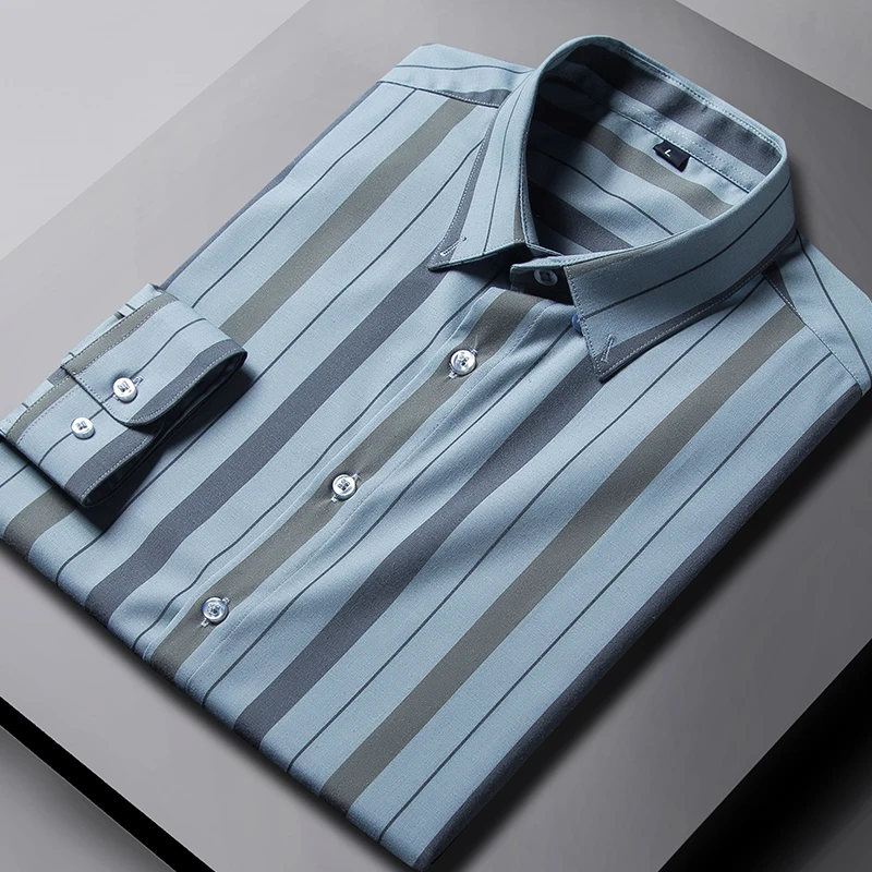 

Contrast Collar and Cuff Men's Vertical Striped Dress Shirts Pocketless Casual Long Sleeve Button-down Non Iron Cotton Shirt