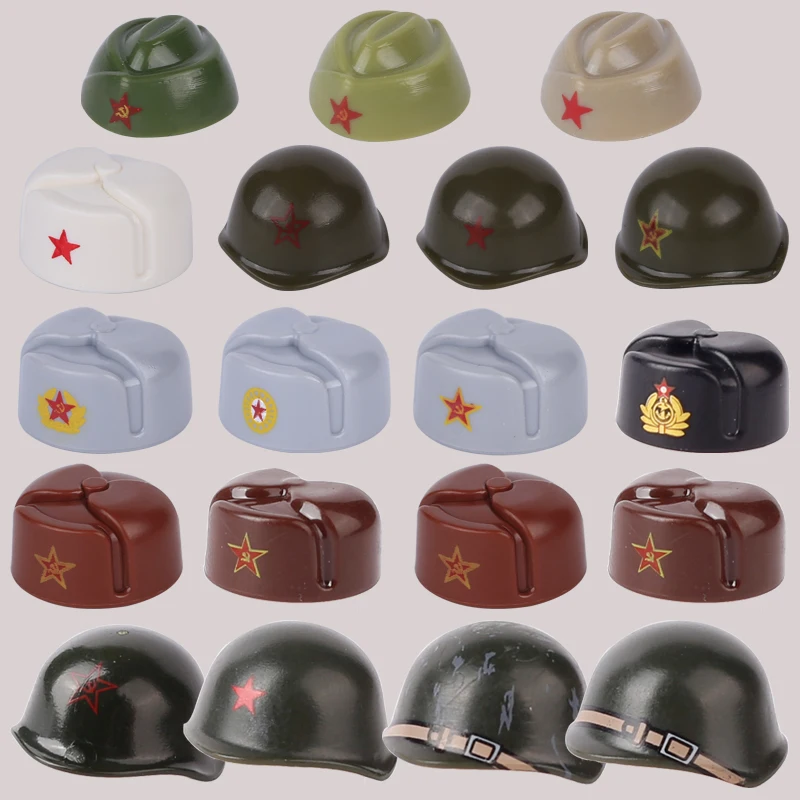Фото MOC WW2 военные армейские фигурки советских солдат, кепка для шлема, аксессуары, строительные блоки, воин, пехота, головные уборы, кирпичи, игрушки, подарки №1