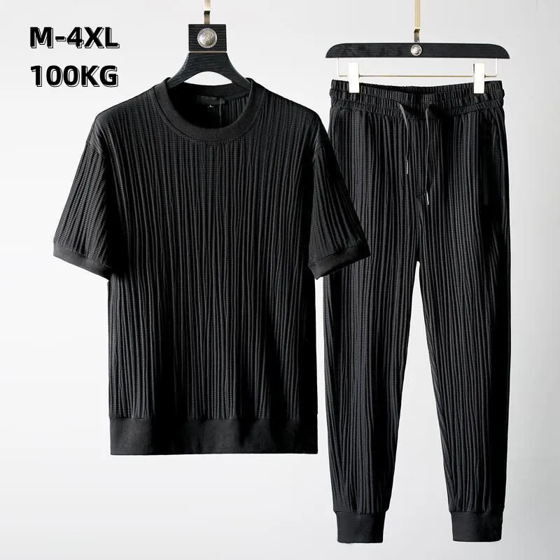2 Pcs/Set Men's Summer Ice Silk Casual Simple T-Shirt Sports Suit Two Piece+Pants Comfortable Stretch Straight Pleated Tracksuit