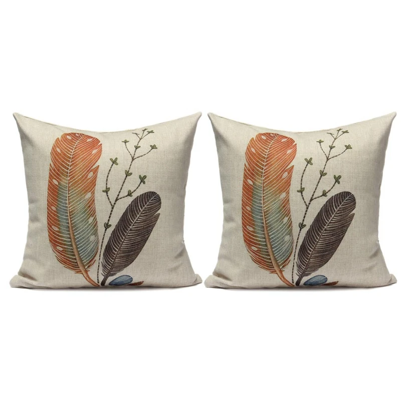 

2X Xmas Vintage Flax Cushion Cover Throw Pillow Case Sofa Decor Orange Grey Feather Stone Art Linen 45X45cm