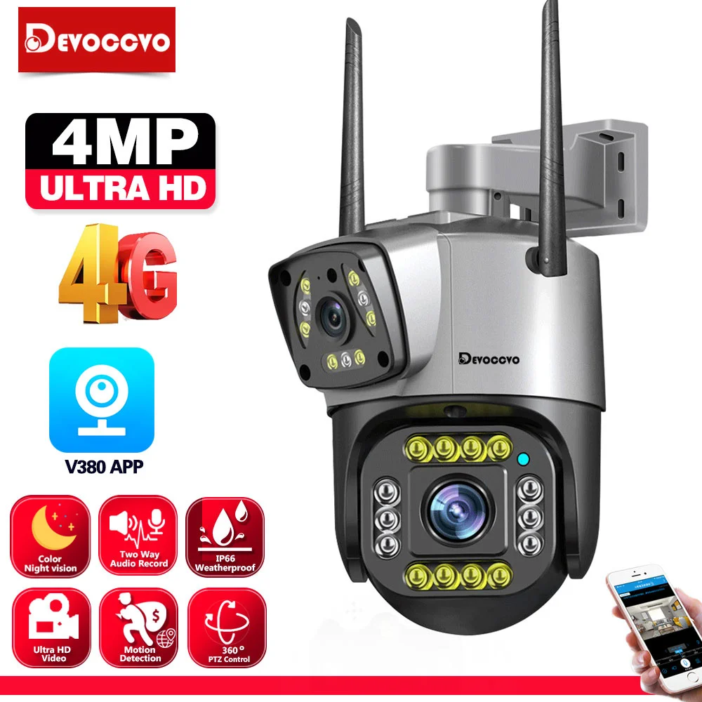 Color Night Vision 4G Sim Card Security Camera dual len Auto Tracking Outdoor 2 Way Audio Video Wifi PTZ Surveillance Camera 4MP