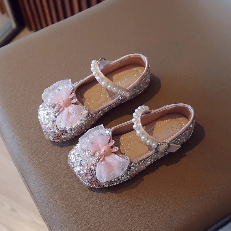 

Fashion Kids Bling Flats Shoes for Girls Sequined Leather Shoes with Pearl Elegant Cute Children Princess Party Wedding Shoes