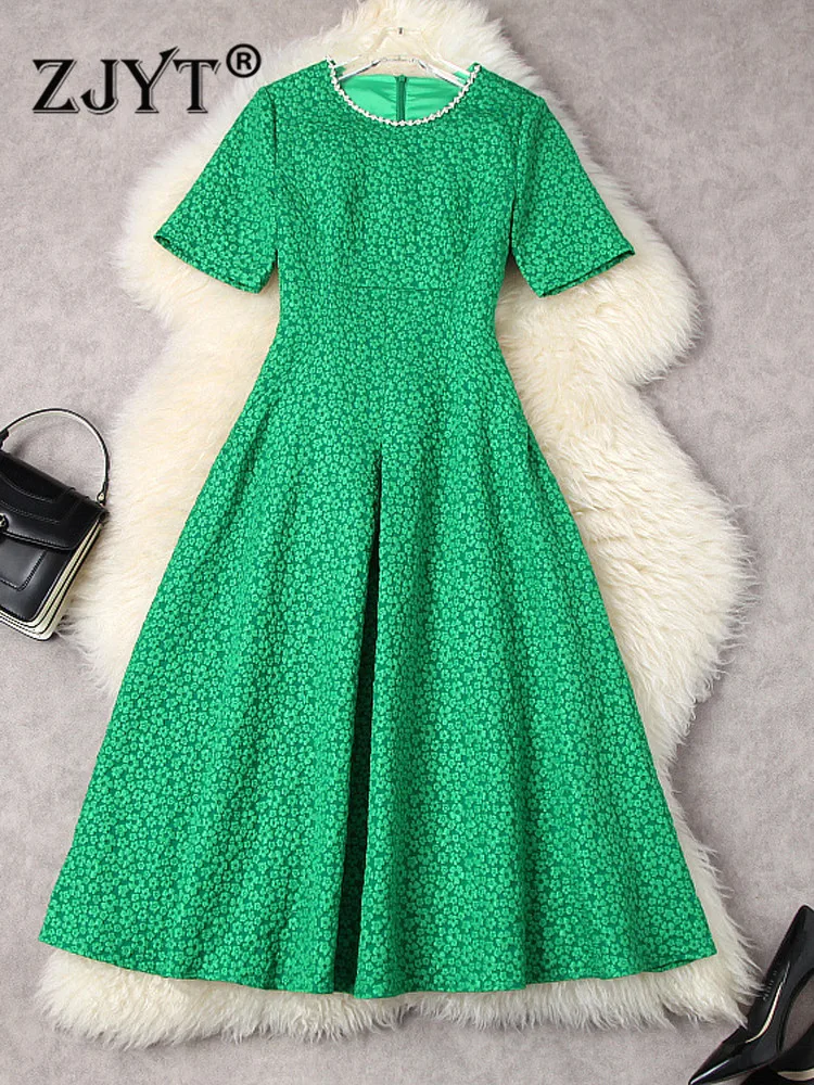ZJYT Women Summer Beading Midi Jacquard Dress Green Elegant Designer Short Sleeve Aline Casual Vestidos Party Vintage Robe Femme