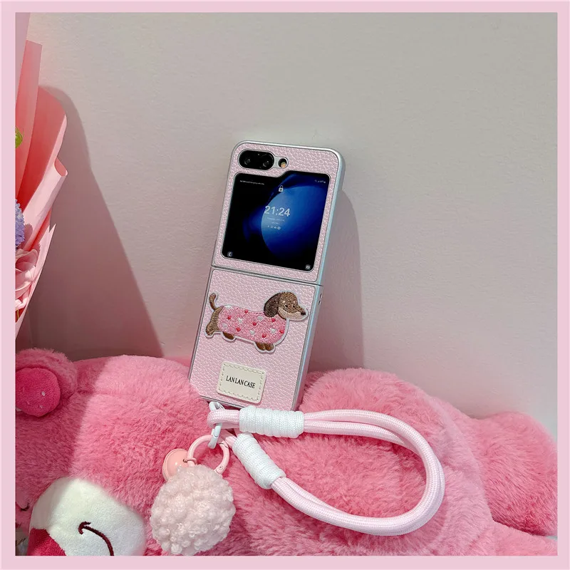 Чехол для телефона с короткой цепочкой Cute Sausage Dog Samsung Galaxy Z Flip6 Flip5 Flip4 Flip3 Cover Razr50 Ultra