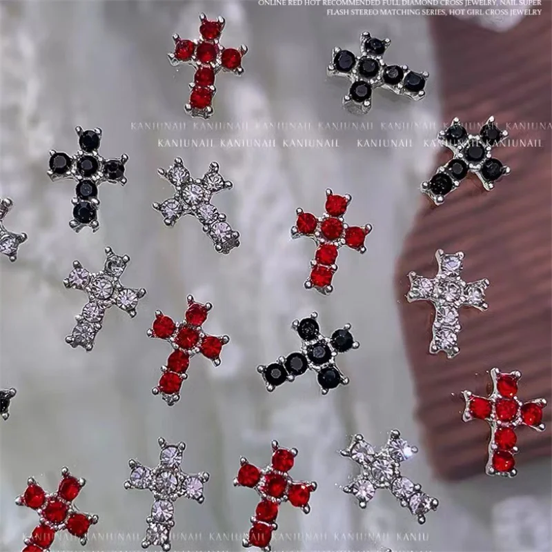 

5pcs Punk Red Black Silver Cross 3D Nail Charms Luxury Alloy Diamond Nail Art Decorations Glitter Cross Accessories For Manicure