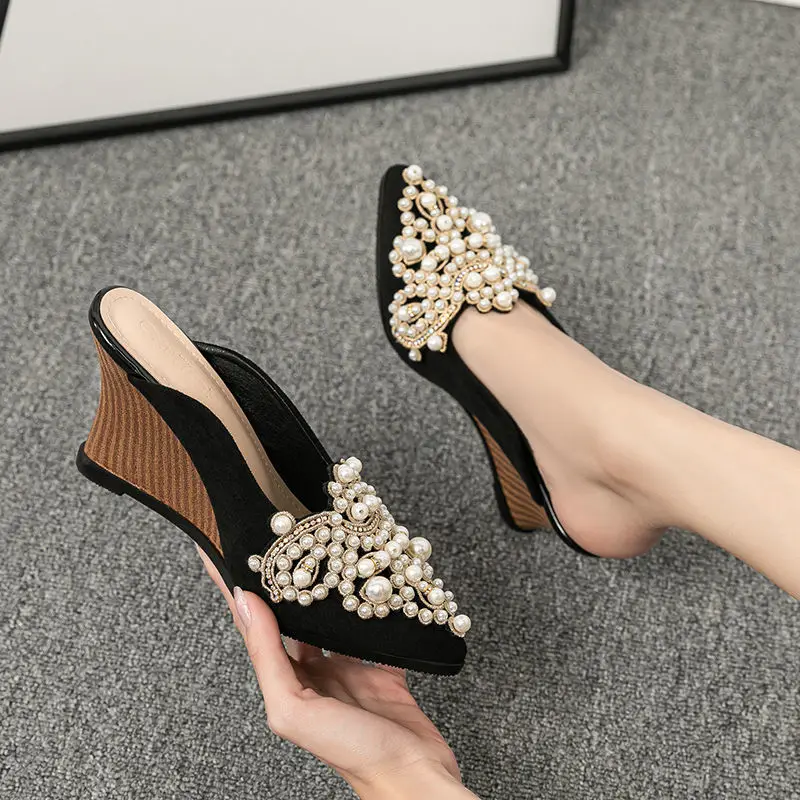 FHANCHU 2022 New Women High Heeled Wedges Slippers,Fashion Pearls Slides,Summer Mules Shoes,Pointed Toe,Black,Dropship