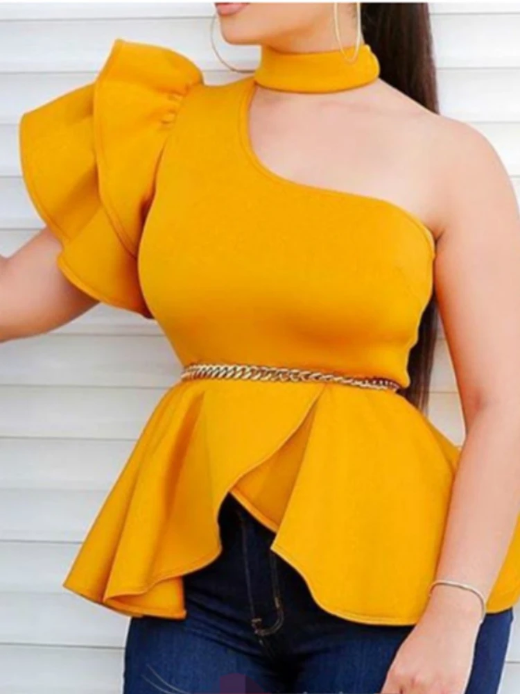 

Sexy One Shoulder Blouses Tops Peplum Ruffles Party Fashion Evening Clubwear Women Fashion Female Bluas Backless New Big Size