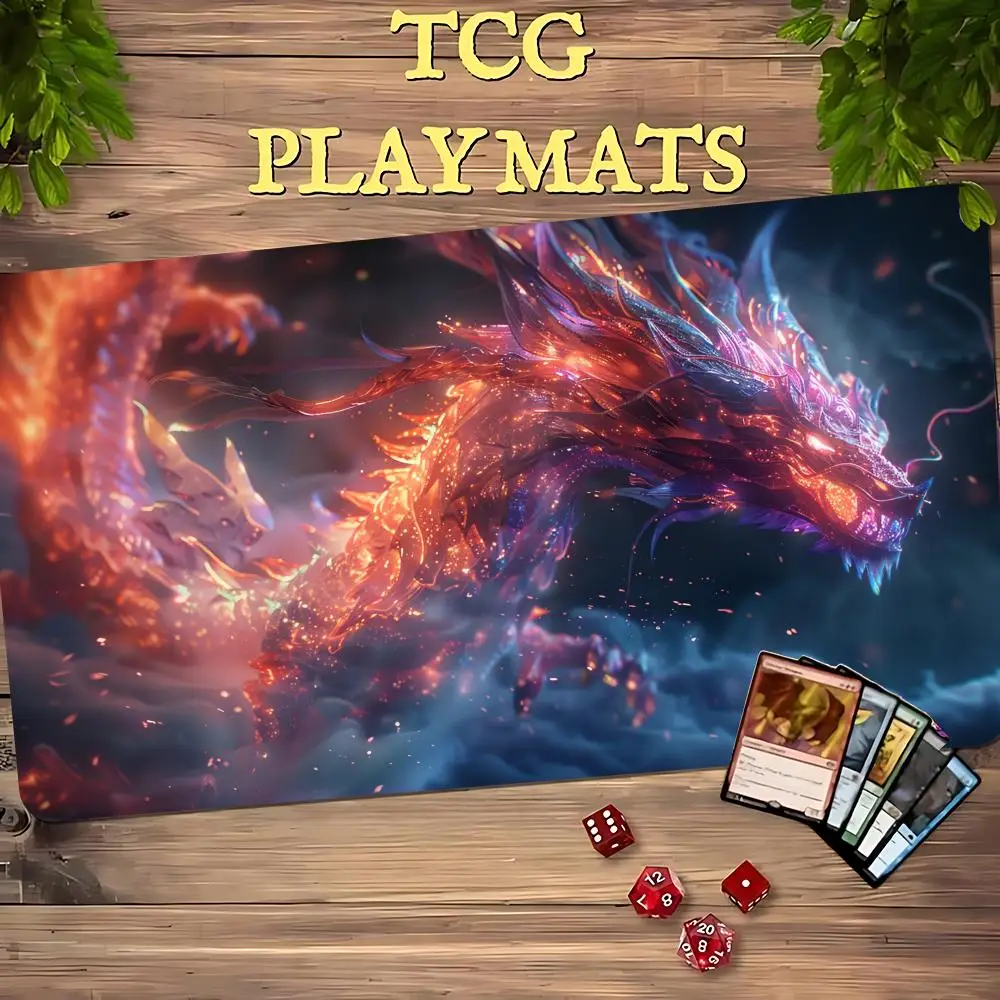 Фото Игровой коврик Spark Cloud Celestial Dragon TCG 35x60 см, светящийся в темноте, с изображением магического дракона, нескользящий, прочный, с прошитыми краями, для настольных игр. №1