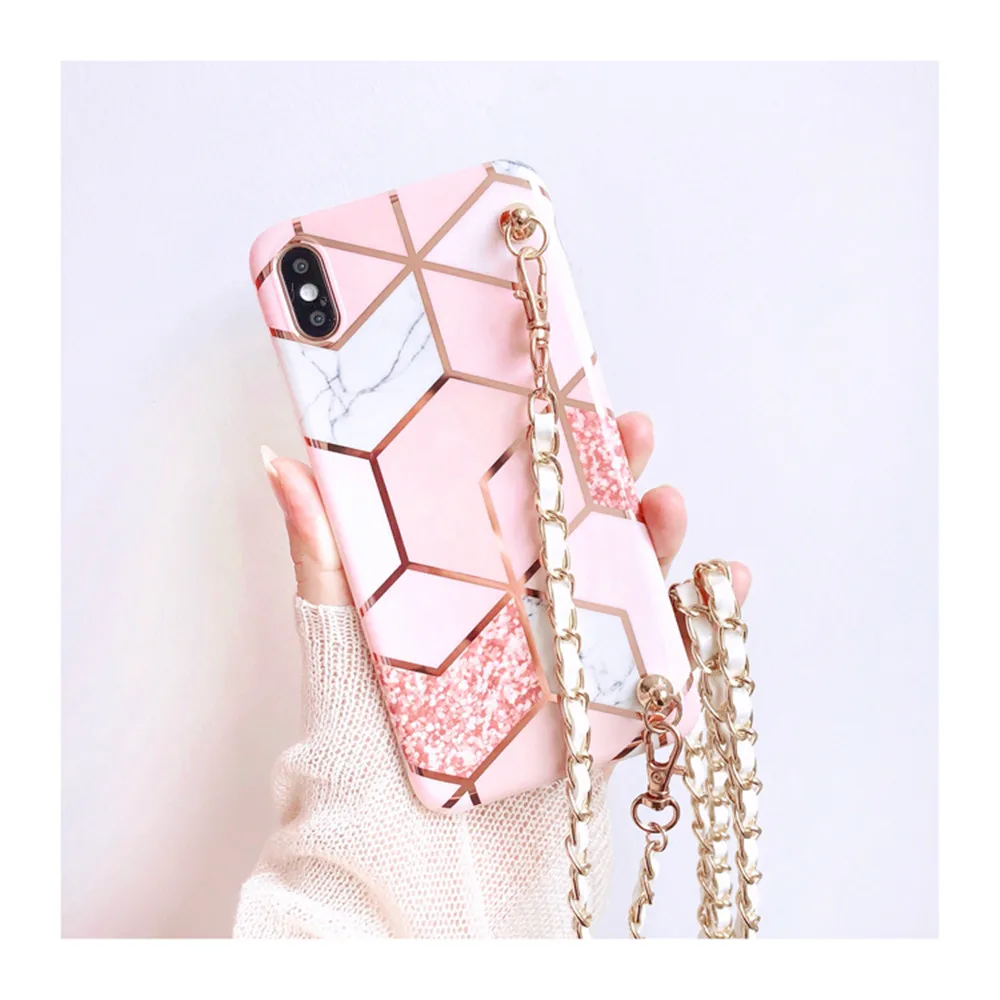 

Phone Case For iPhone 11 12 13 Pro XS MAX XR 8 7 6S plus cover with long shoulder strap Bling Glitter Pink Marble Crossbody