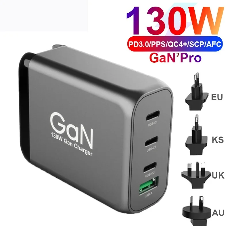 

4port 130W GaN USB C Wall Charger, 3-port Type-C PD 100W PPS 45W for Laptops MacBook iPhone Samsung, QC3.0/SCP for Huawei Xiaomi
