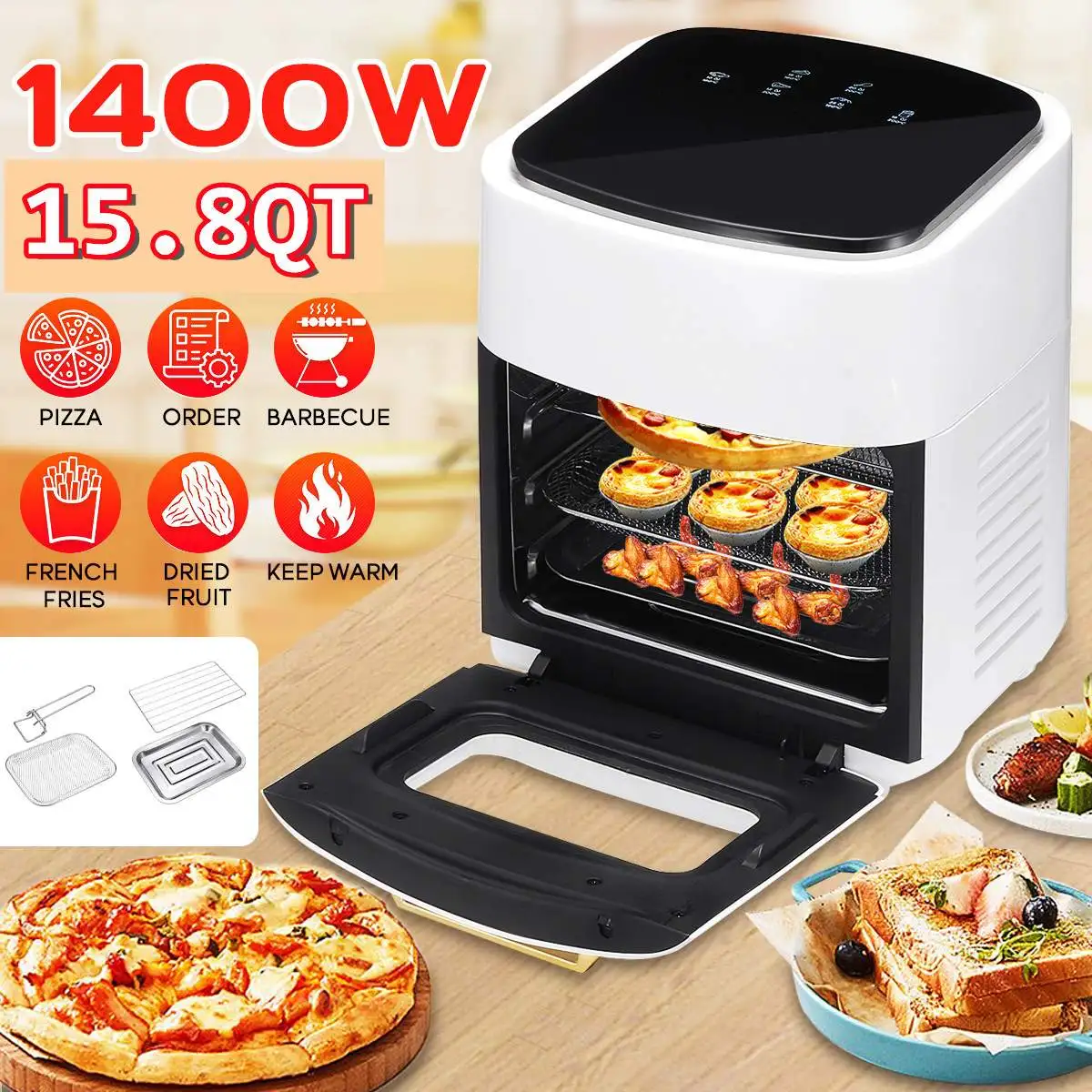 Buy 15L elettrico friggitrice forno tostapane girarrosto disidratatore 1400W LED Touchscreen pollo friggitrice 6 in 1 forno da banco