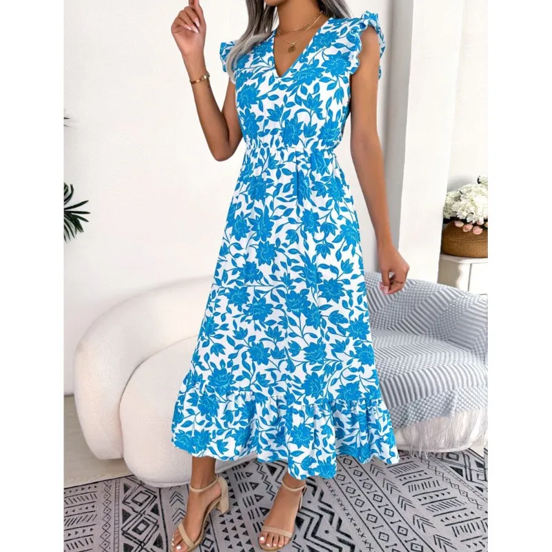 

Женское длинное платье с поясом на резинке, свободное платье без рукавов с V-образным вырезом и деревянными ушками, длинное платье с цветочной талией, весна-лето