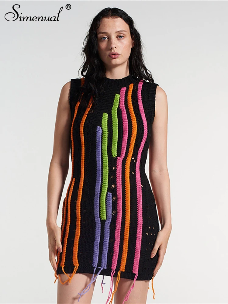

Simenual Knit Striped Tassel Patchwork Womens Dresses Hipster Sleeveless Crewneck Skinny Mini Dress Streetwear Suitable Outfits