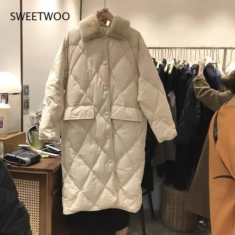 Winter Women Fur Collar Oversize Rhombus Pattern Long Parkas Pocket Female Warm Long Cotton Overcoat Single Breasted Outwears