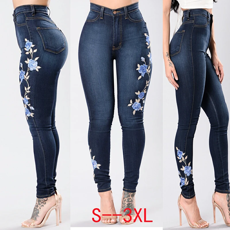 

Stretch Embroidered Jeans For Women Elastic Blue Flower Jeans Female Pencil Denim Pants Rose Pattern Pantalon Femme