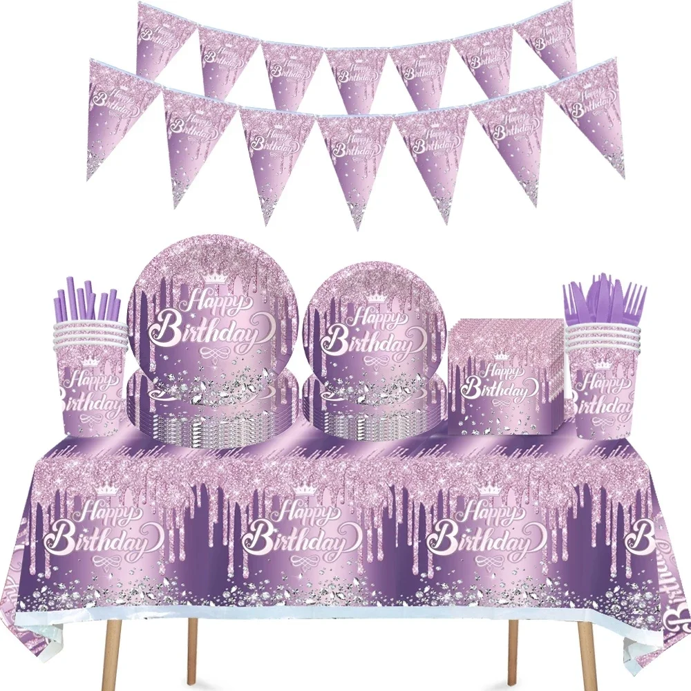 

Purple Diamond crown theme happy Birthday Dispodable Tableware Napkins Plates Cups banner ballons adult wedding Party decorate