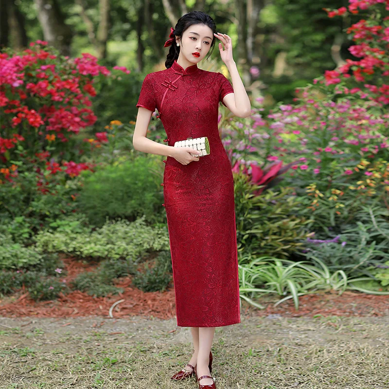 Sheng Coco Wine Red Lace China Qipao Dresses Cheongsam Chinese Fashion Dress Banquet Bride Flowers Qi Pao Dress Plus Size 4XL