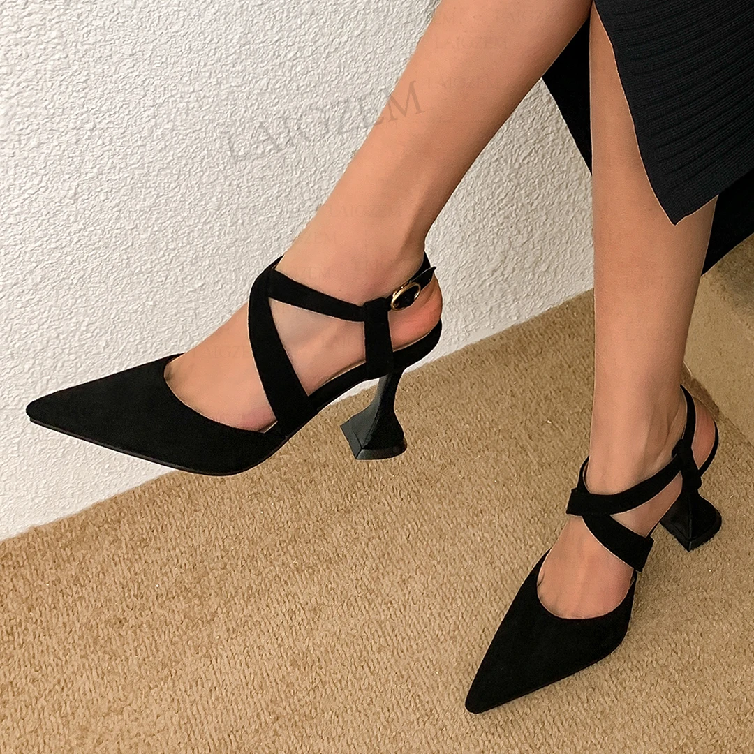 

LAIGZEM SUPER Women Pumps Real Suede 8.5CM High Heels Comfortable Prom Cross Strap Spring Summer Shoes Woman Plus Size 33 42 43