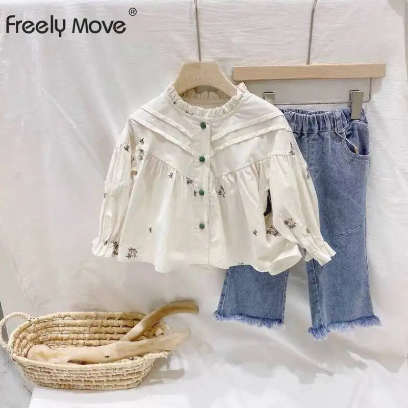 

Freely Move Girls' Cotton And Linen Shirts Spring And Autumn New Children's Korean Brief Floral Casual Bottoming Shirt Blouse
