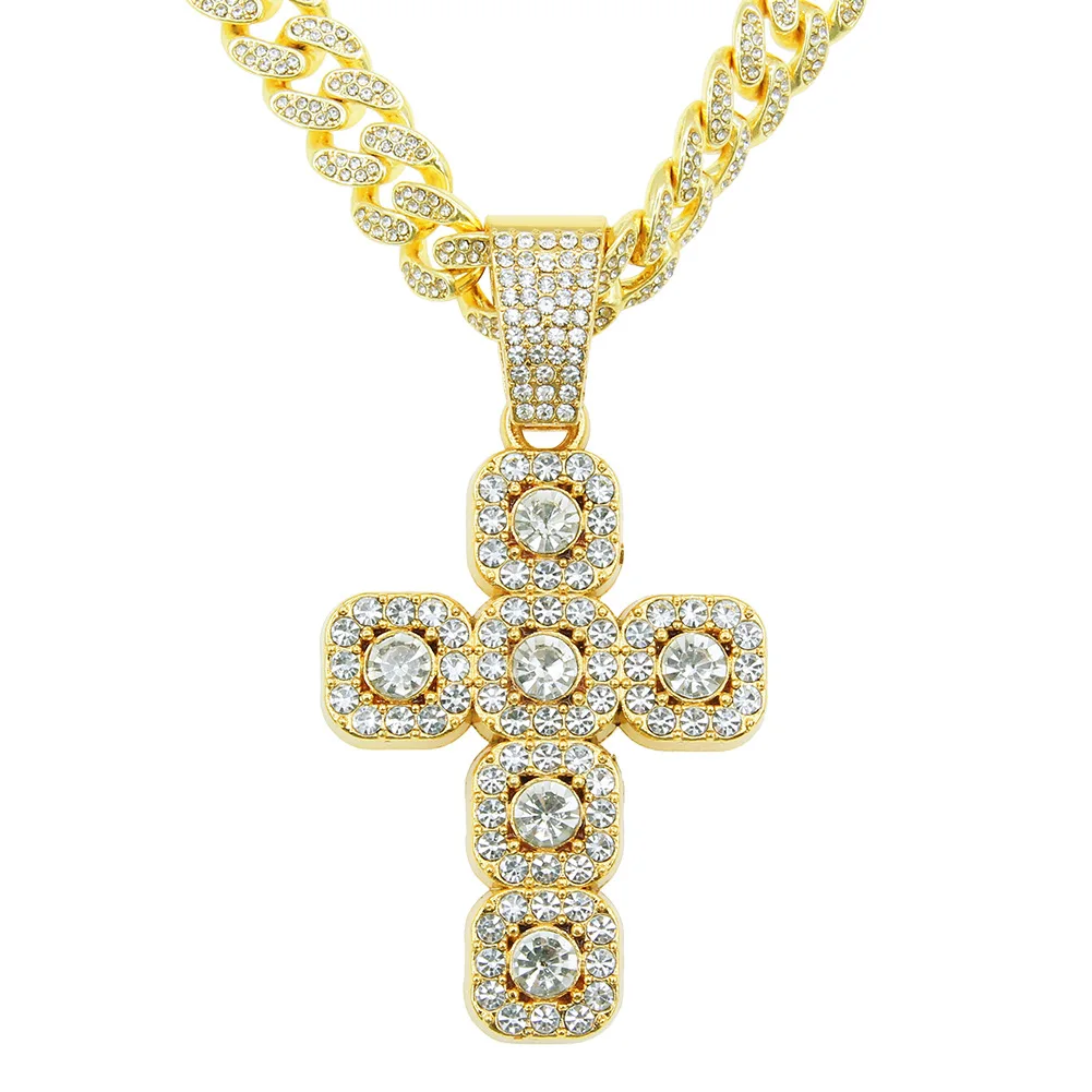 

European And American Hip Hop Full Diamond Cross Pendant Cuban Chain Necklace For Men