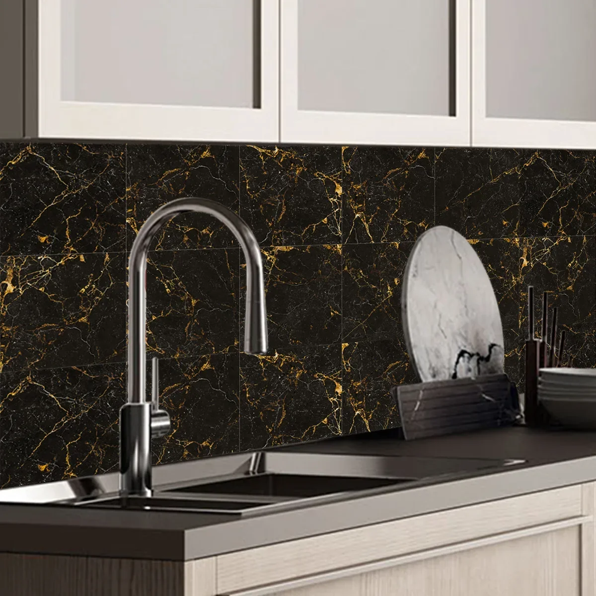 Черная Золотая мраморная плитка отделка кухонная настольное украшение