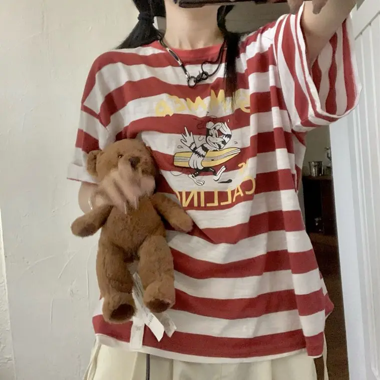 

Женская свободная футболка в полоску, Повседневная модная Винтажная футболка в Корейском стиле Харадзюку С надписью и коротким рукавом, летняя футболка