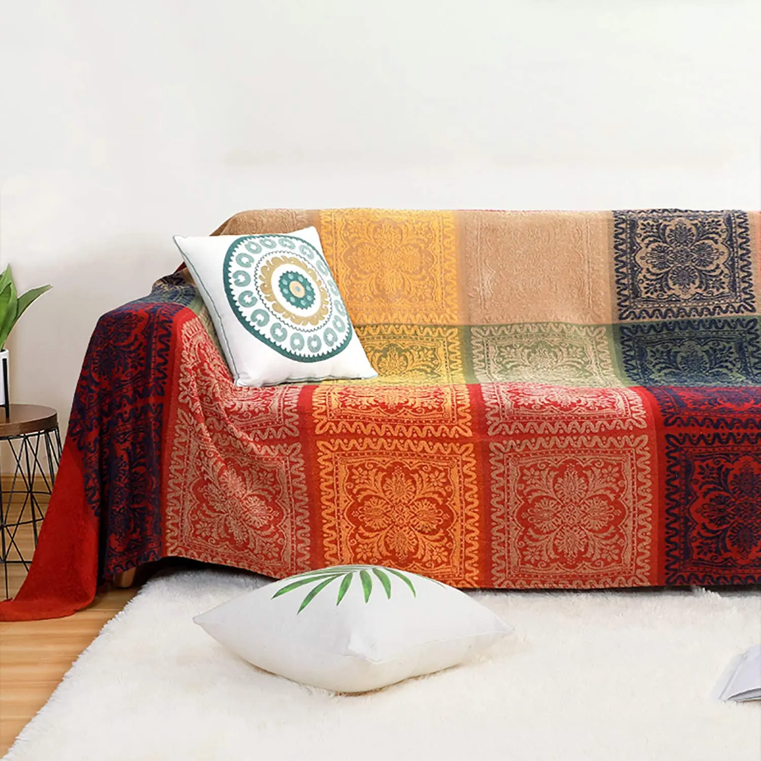 

Mediterranean American Chenille Sofa Cushion Colorful Bohemian Chenille Plaids Sofa Large Cobertor Blanket With Tassel