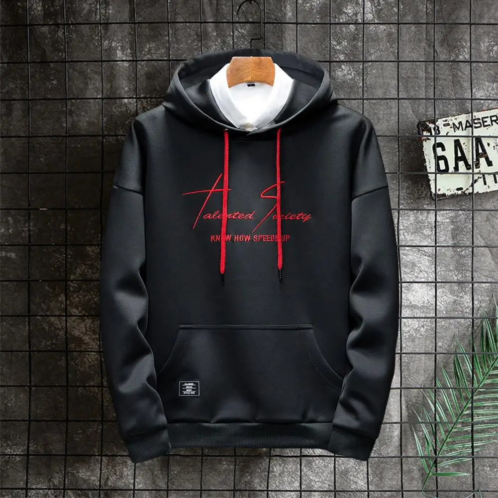 

Chic Hoodie Long Sleeves Loose Pocket Pure Color Embroidery Men Hoodie