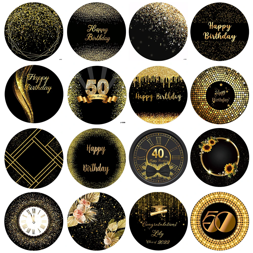 

Черные золотые блестящие точки боке круглая задняя крышка для взрослых мужчин женщин День Рождения Вечеринка круг фотография фон на заказ