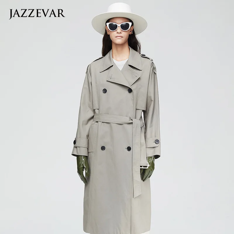 JAZZEVAR 2022 New Arrival Autumn Trench Coat Women Top Khaki Color Long Cotton Outwear Loose Clothing with Belt Fashion