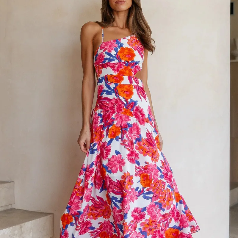 

Summer Bohemian Dress Women Backless Sexy Dressess Spaghetti Strap Hollow Out Female Holiday Party Dresses Flower Print Dress