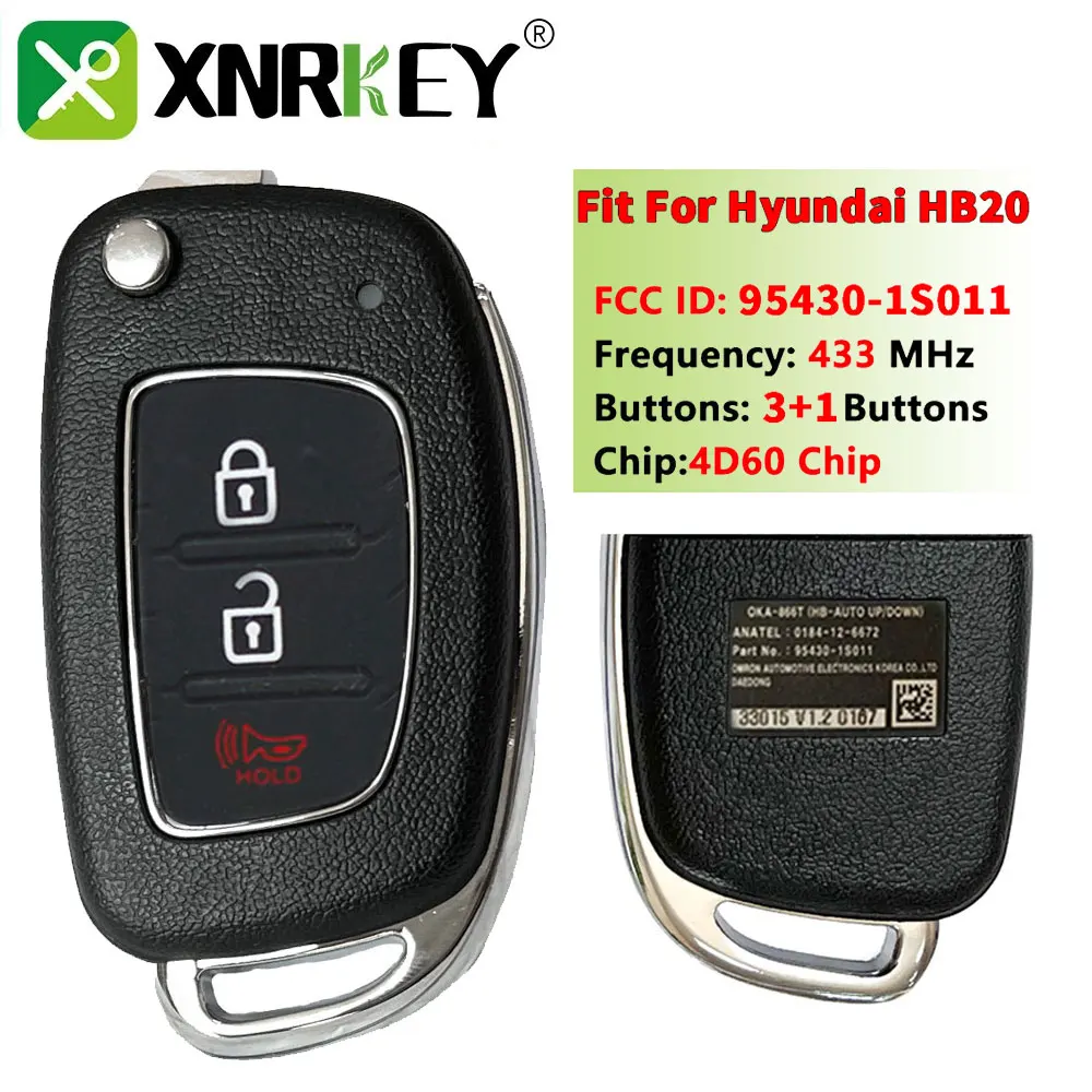 

XNRKEY Original 3 Button Remote Hyundai HB20 Flip Key Part No 95430-1S011 / 1S001 OKA-866T 4D60 Chip With Logo