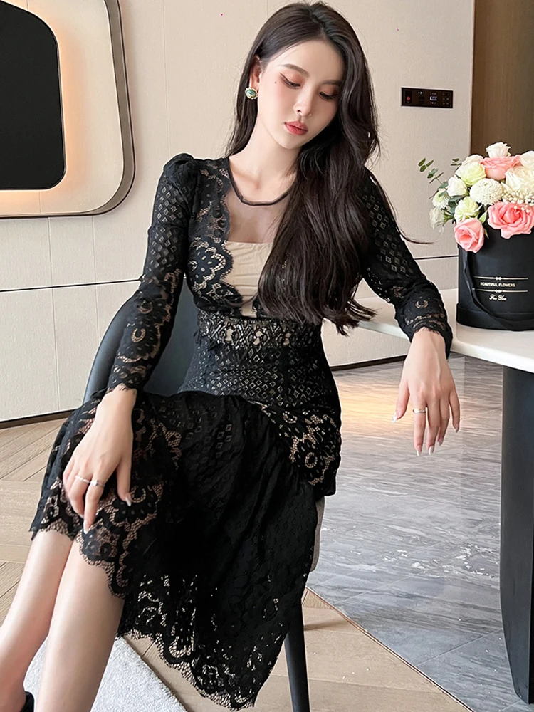 Женское кружевное платье-макси элегантное черное прозрачное платье с юбкой-годе